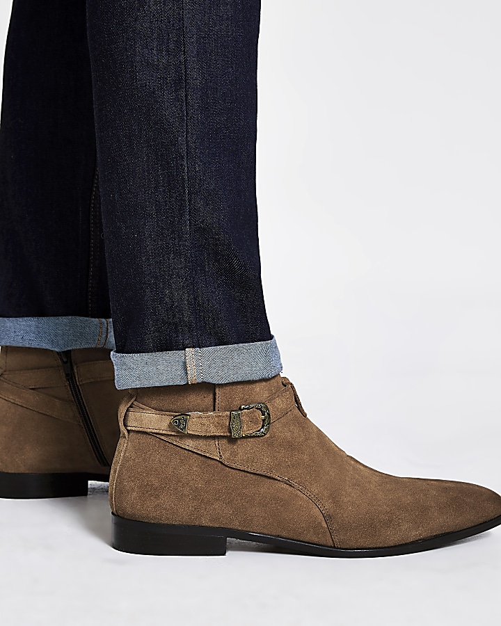 Mid brown suede western buckle boots