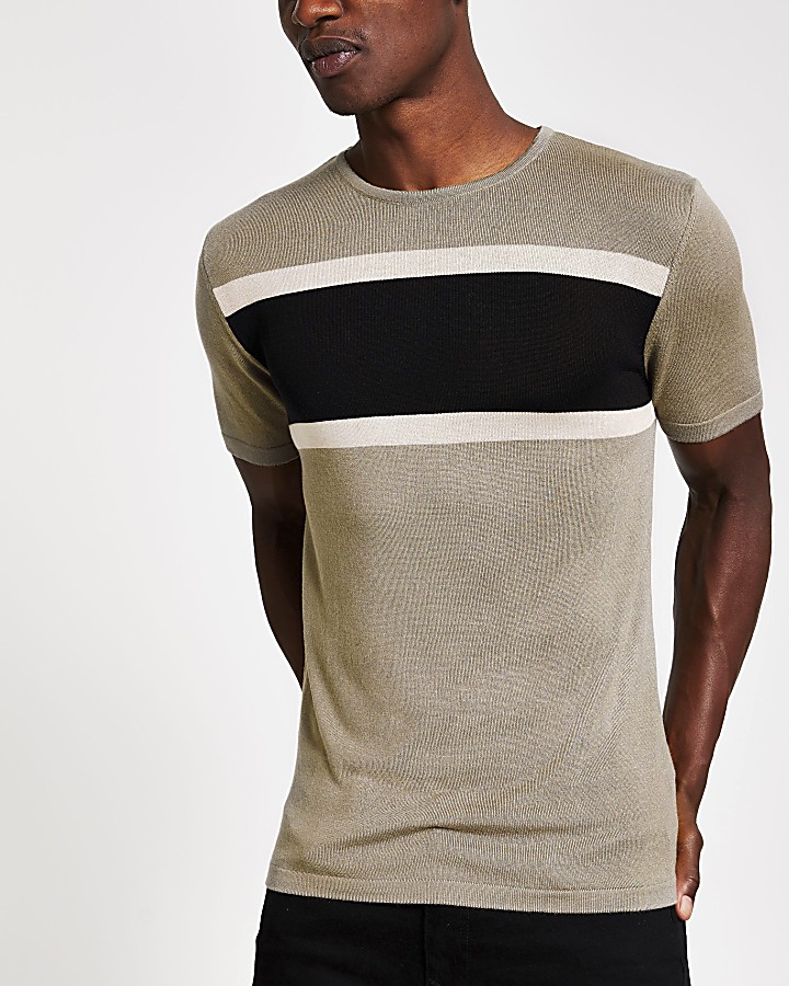 Khaki knitted colour block slim fit t-shirt