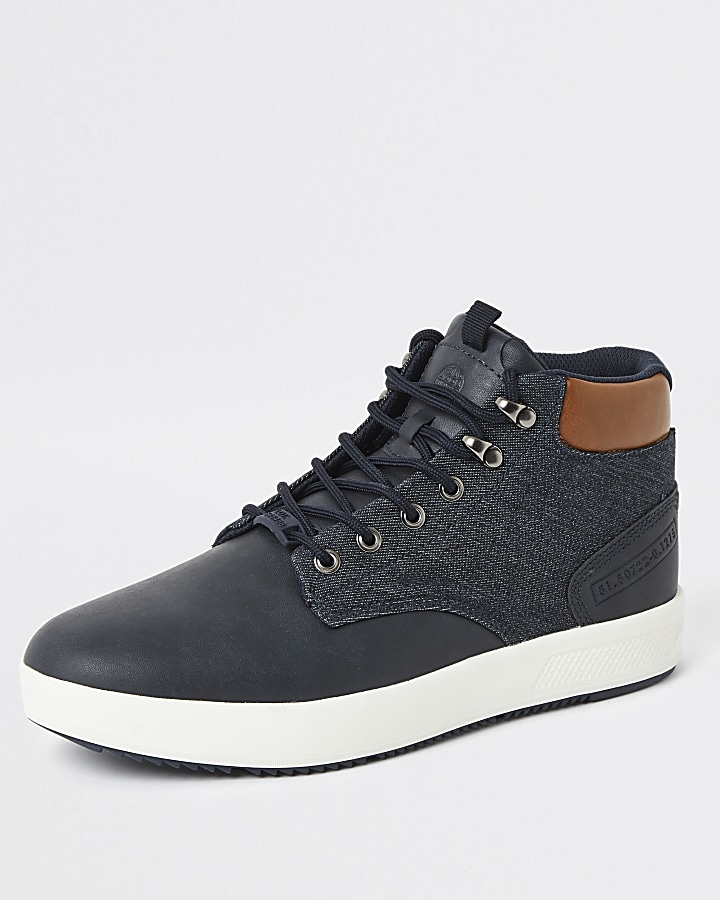 Navy faux leather denim mid top trainers