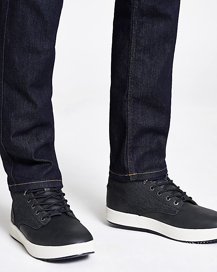 Navy faux leather denim mid top trainers
