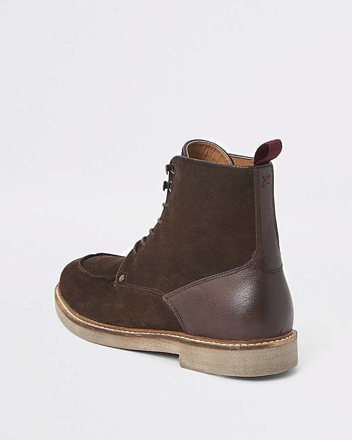 Dark brown suede apron toe lace-up boots