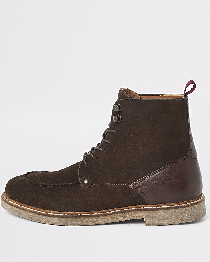 Dark brown suede apron toe lace-up boots