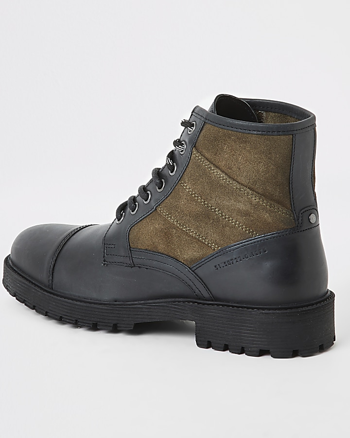 Black contrast leather lace-up hiking boots