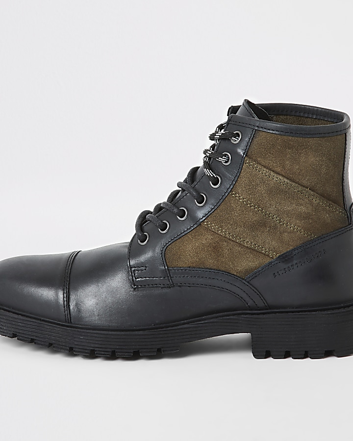 Black contrast leather lace-up hiking boots