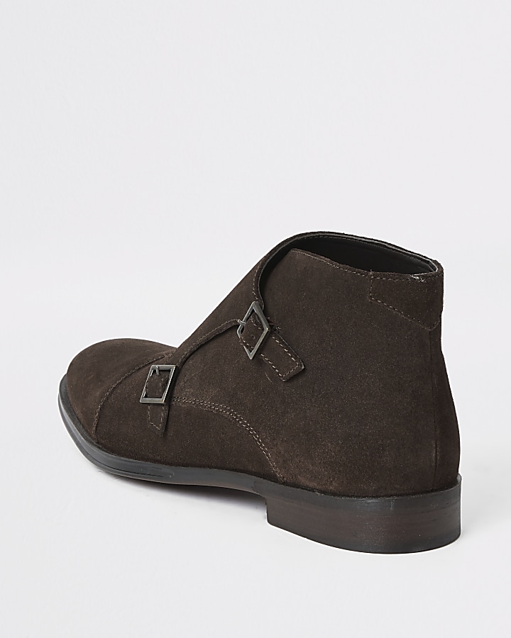 Dark brown suede monk strap boot