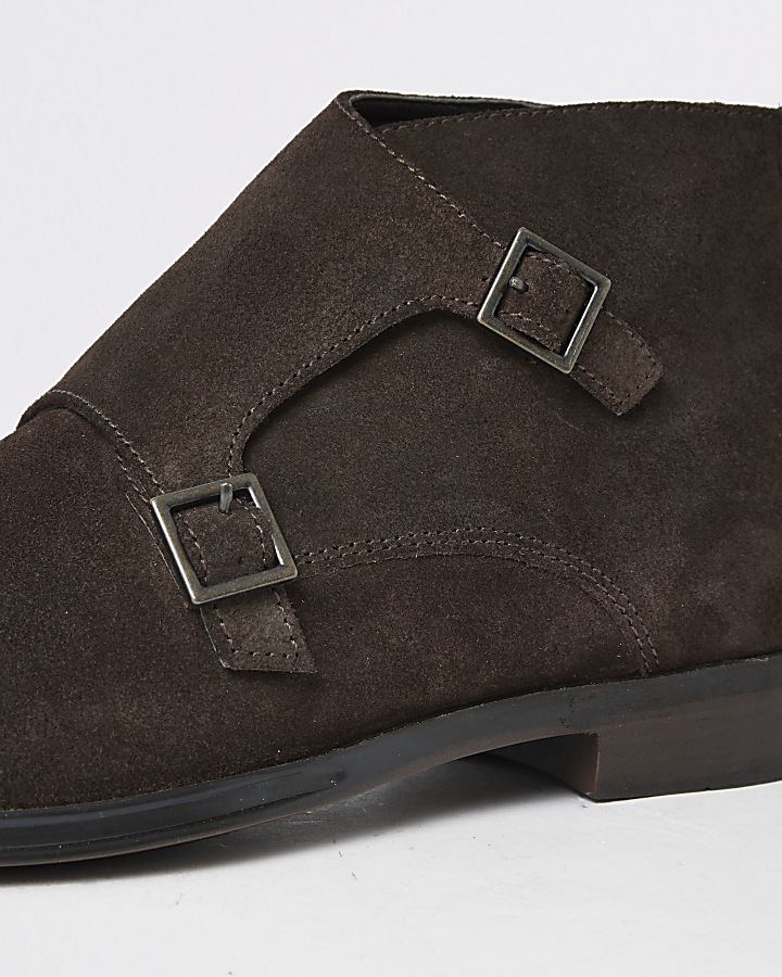 Dark brown suede monk strap boot