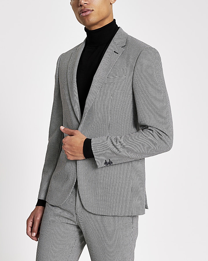 Black mono print skinny suit jacket
