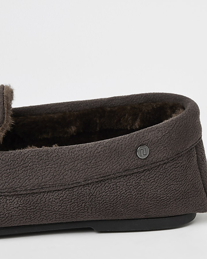 Dark brown faux fur lined moccasin slippers