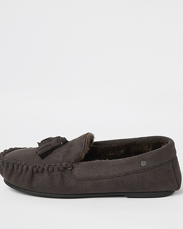 Dark brown faux fur lined moccasin slippers