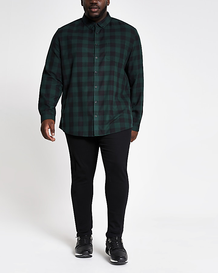 Big and Tall slim fit green check shirt