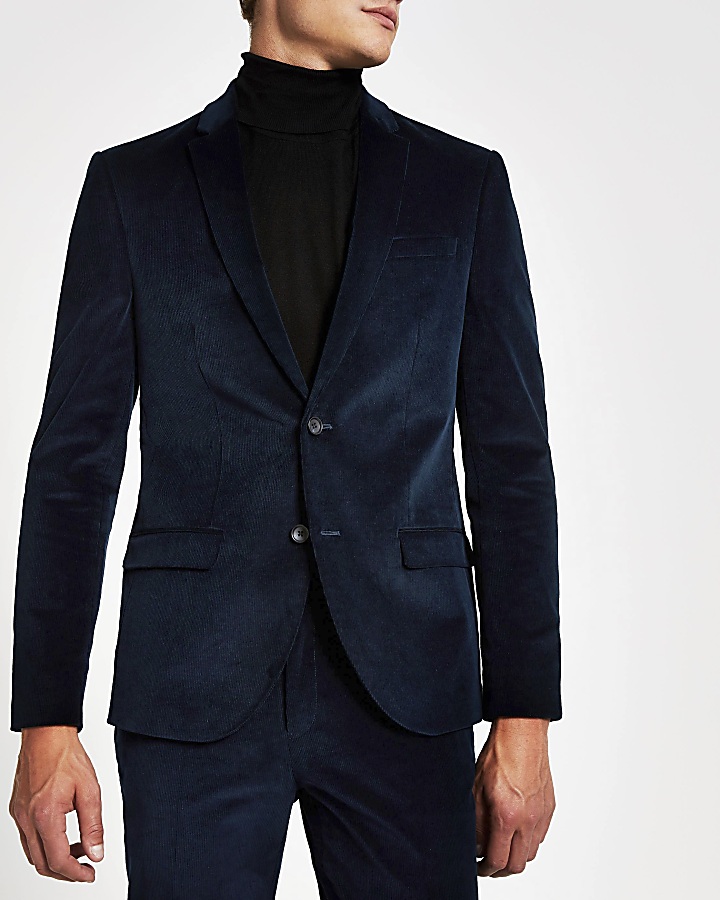 Blue cord single breasted skinny suit