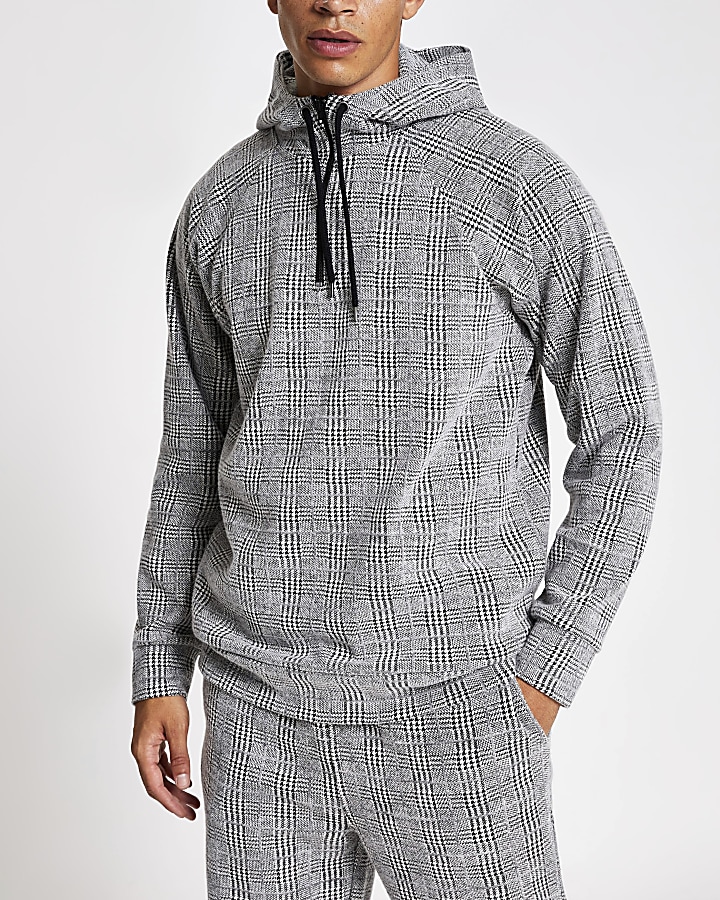 Light grey slim fit check hoodie