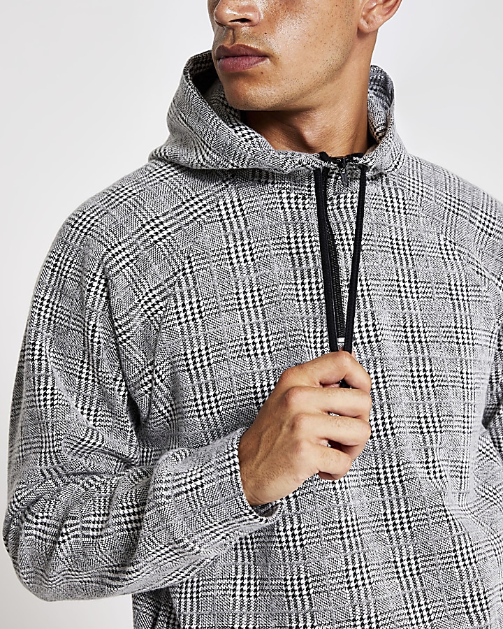 Light grey slim fit check hoodie