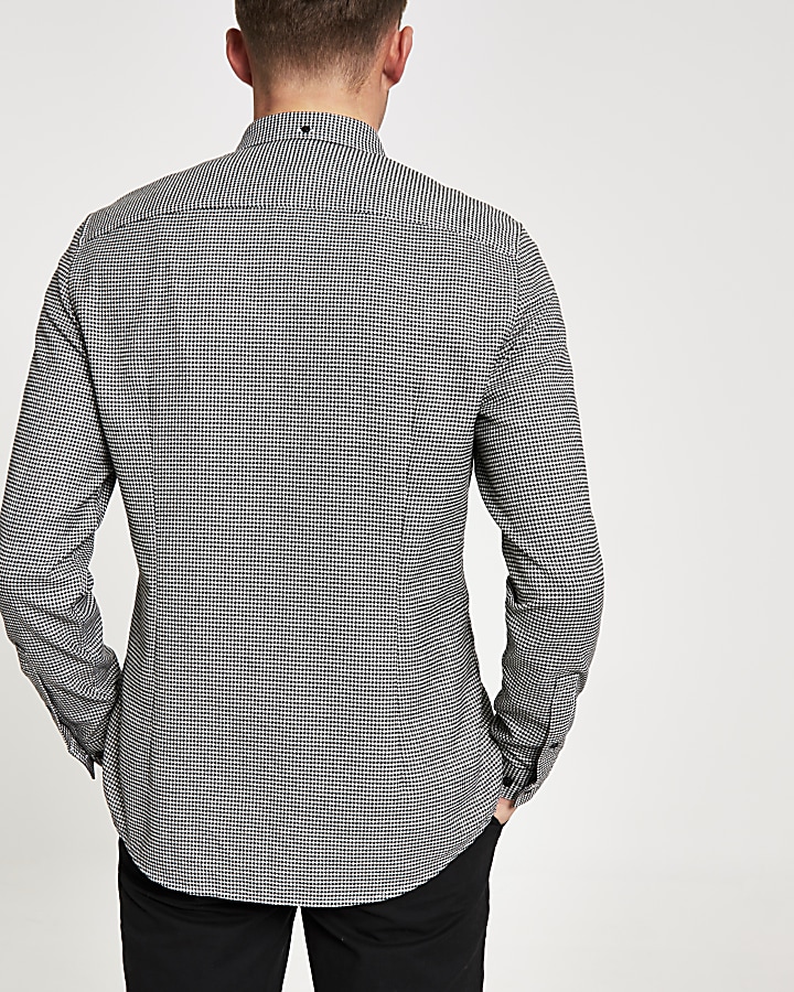 Grey slim fit dogtooth check print shirt