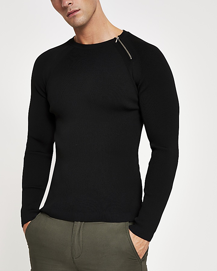 Black zip neck muscle fit ribbed jumper