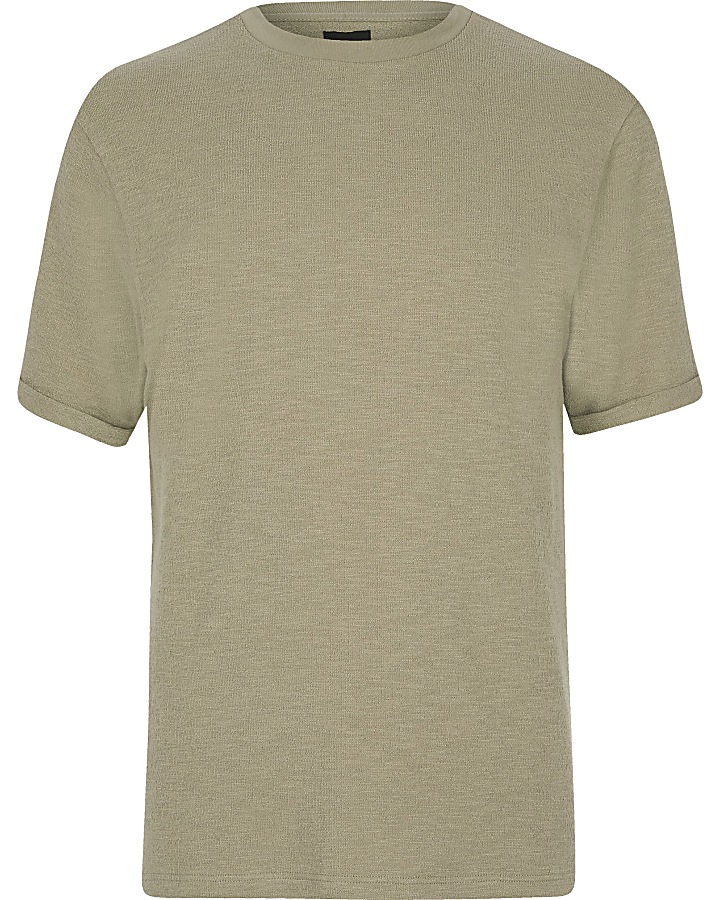 Khaki textured short sleeve slim fit T-shirt