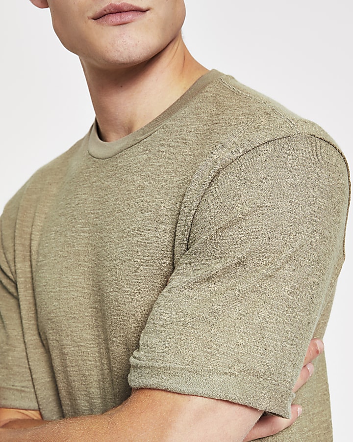 Khaki textured short sleeve slim fit T-shirt