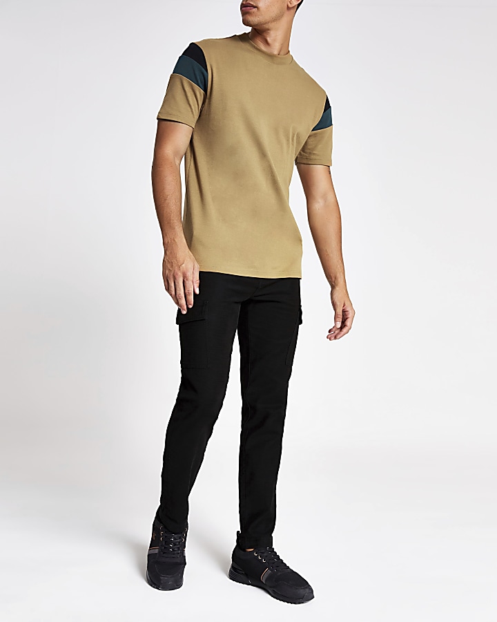 Brown colour block slim fit T-shirt