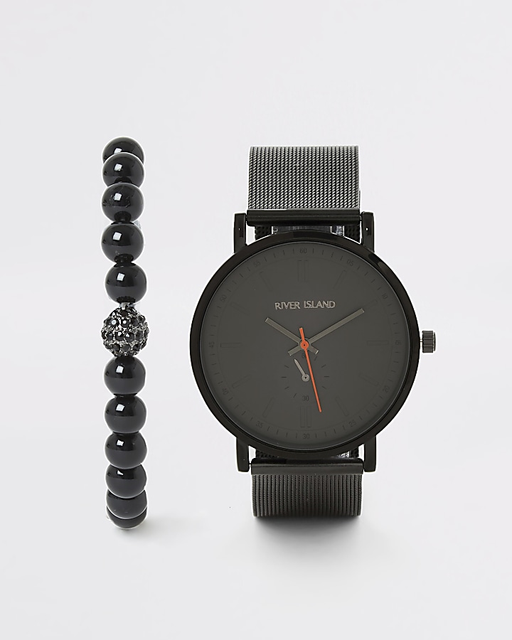 Black mesh strap watch and bracelet set