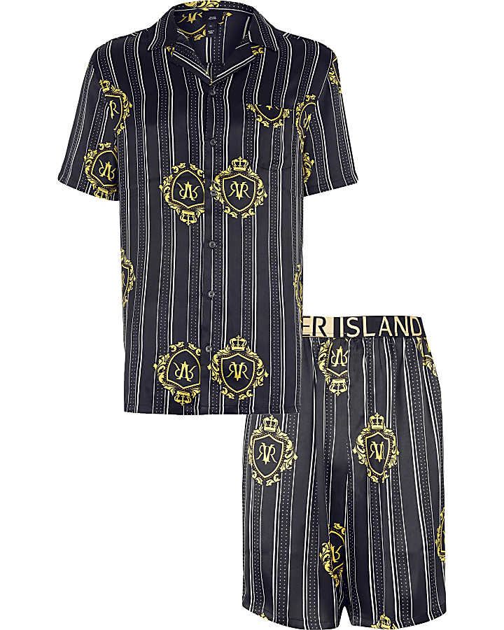 Black RVR print satin short family pyjama set