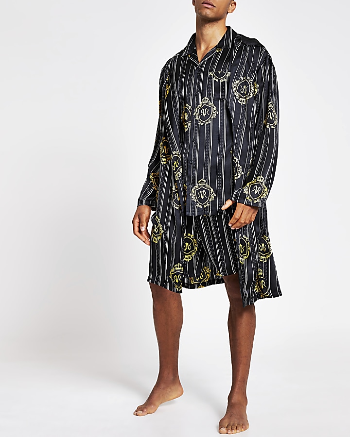 Black RVR print satin family dressing gown