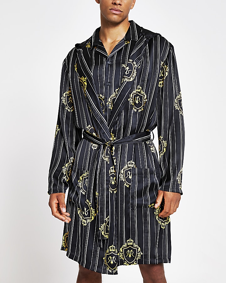 Black RVR print satin family dressing gown