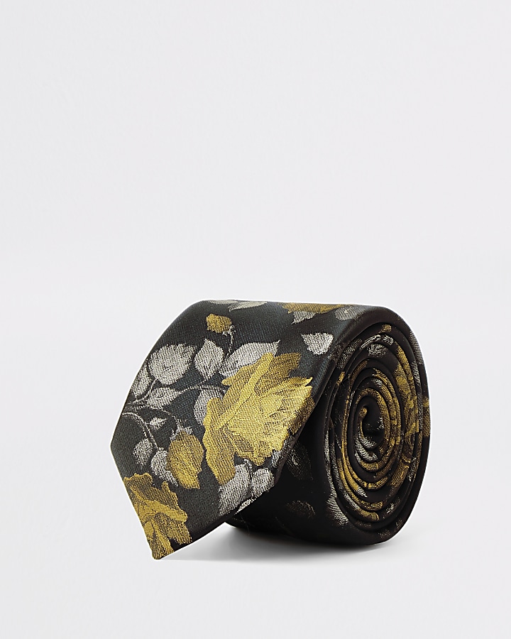 Black floral print tie