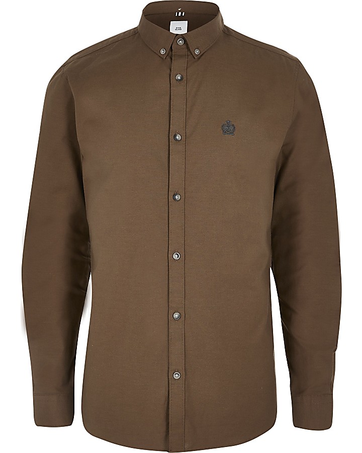 Brown slim fit long sleeve Oxford shirt