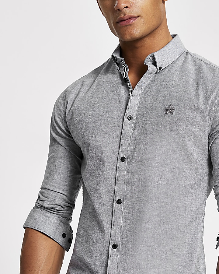 Grey muscle fit long sleeve Oxford shirt