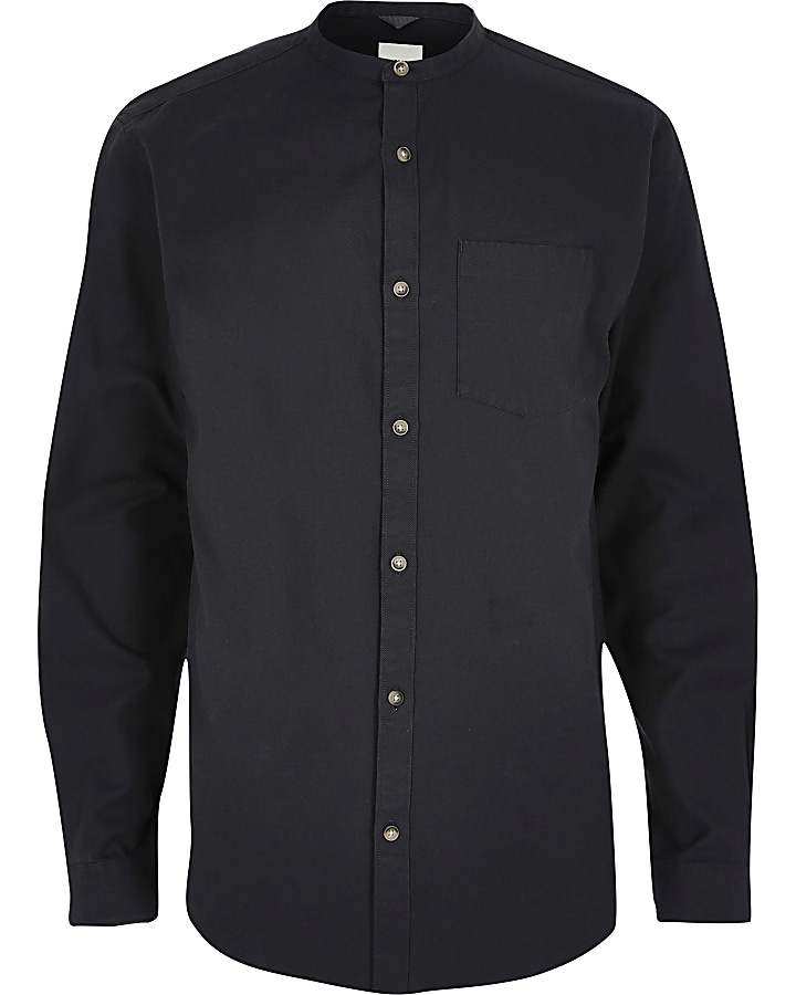 Dark grey grandad collar regular fit shirt