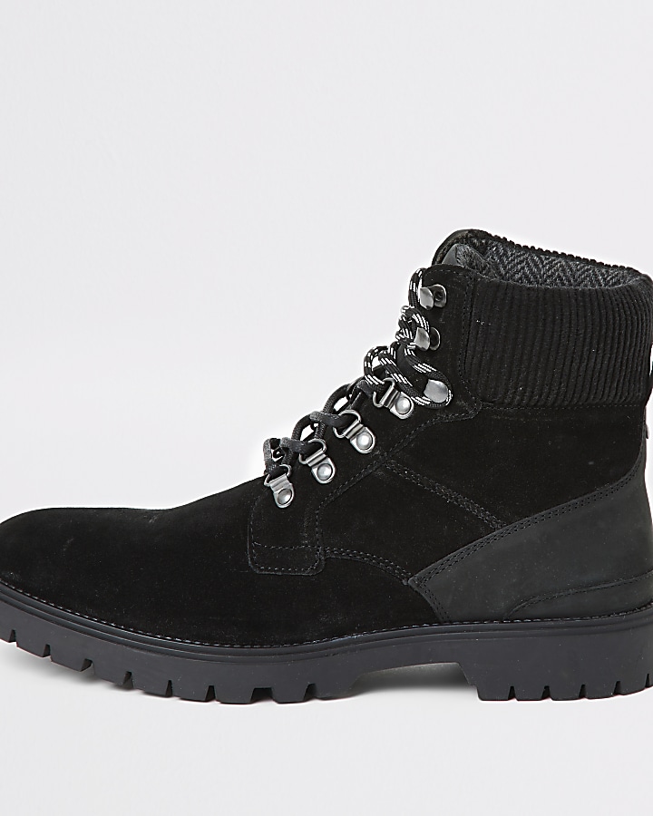 Black suede lace-up hiking boots