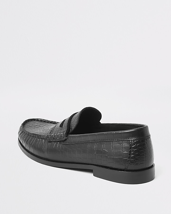 Black leather croc embossed loafers