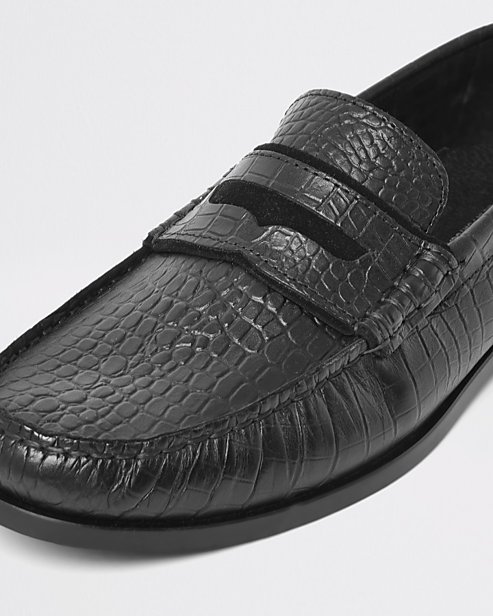 Black leather croc embossed loafers