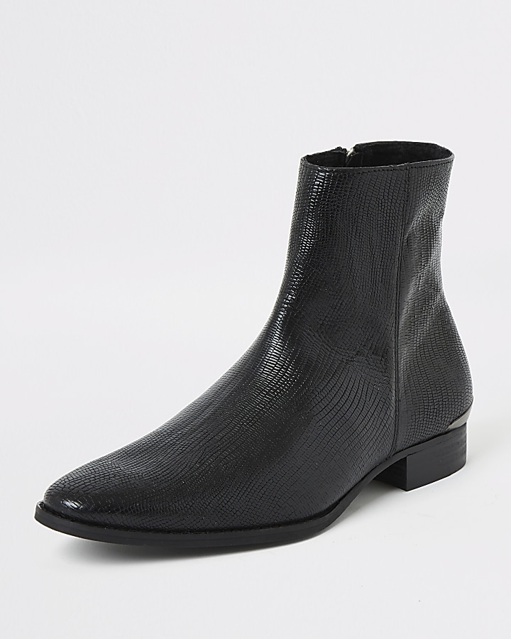 Black leather snake embossed pointed boot