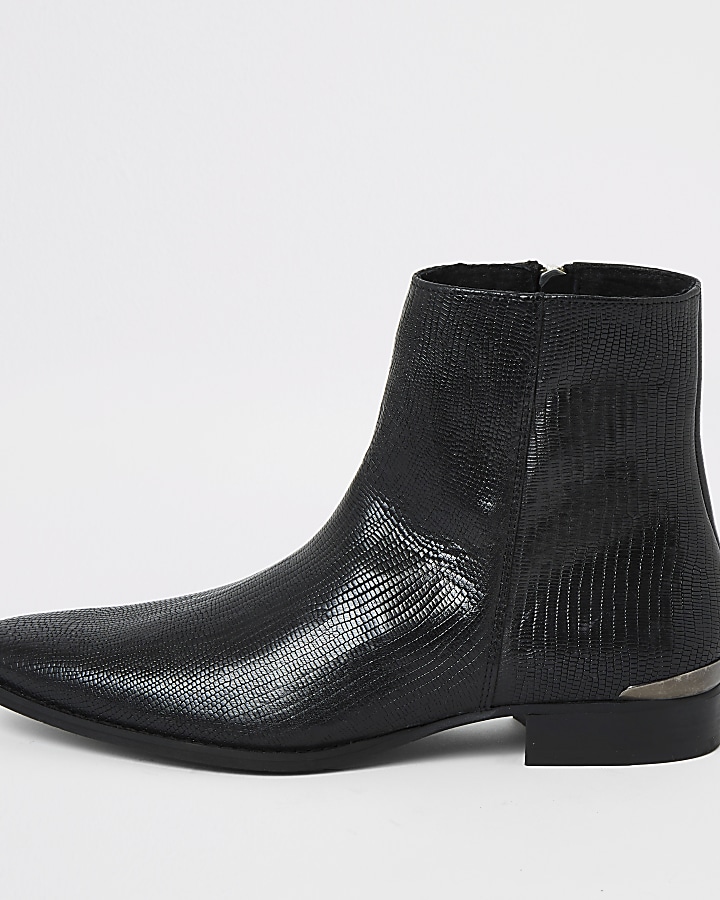 Black leather snake embossed pointed boot
