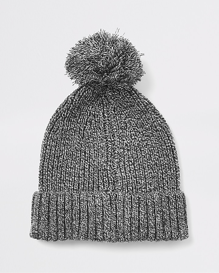 Grey twisted knit bobble hat