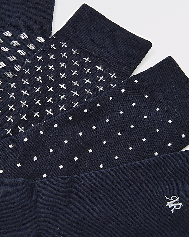 Navy spot print RVR embroidered sock 5 pack
