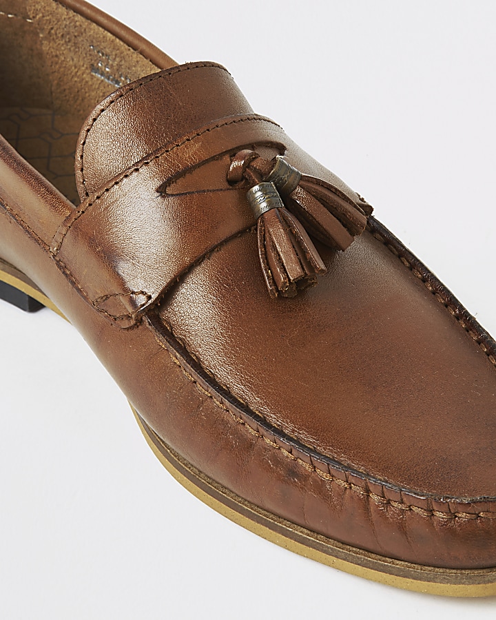 Brown leather wide fit tassel loafers