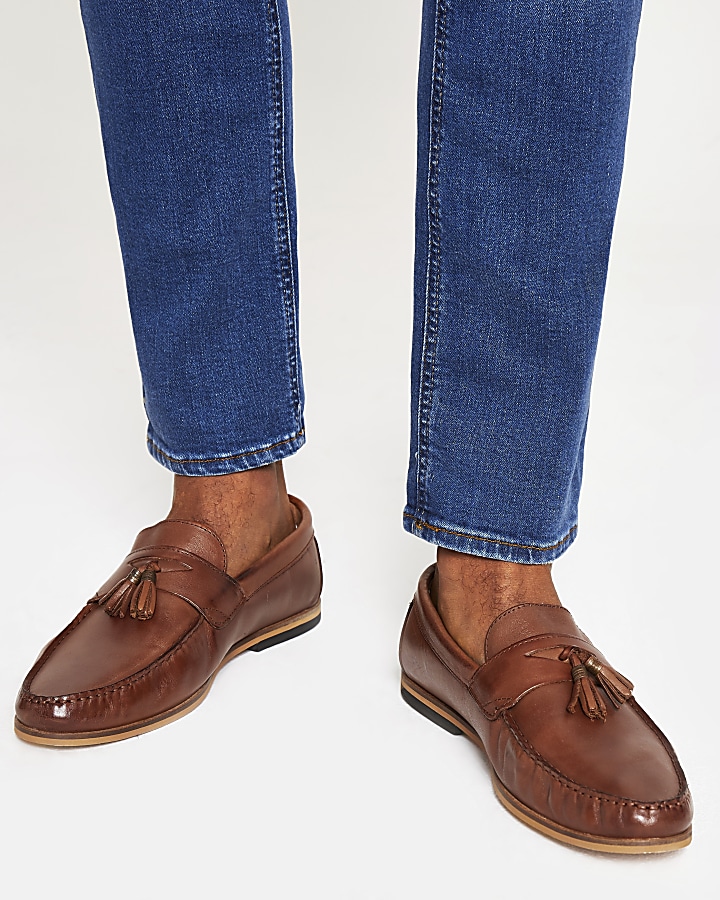 Brown leather wide fit tassel loafers