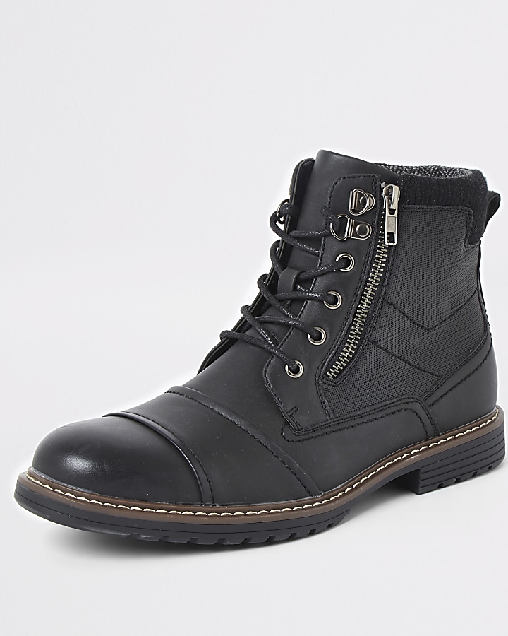Black double zip lace-up wide fit boots