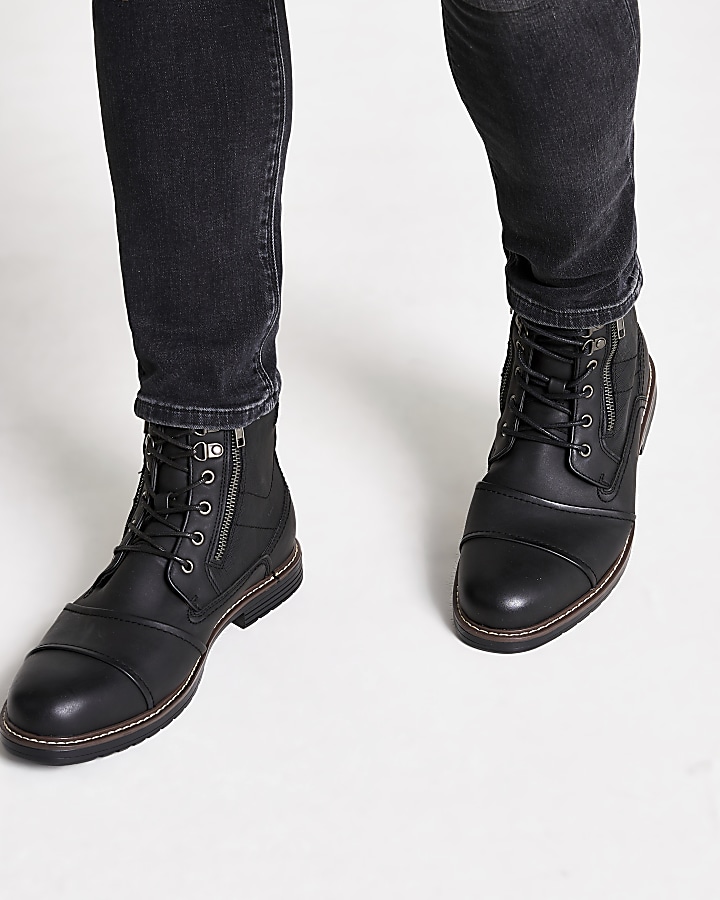Black double zip lace-up wide fit boots
