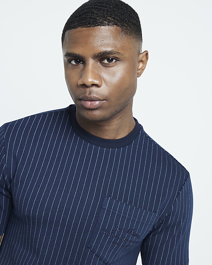 Navy Muscle Pinstripe Stretch T-Shirt | River Island