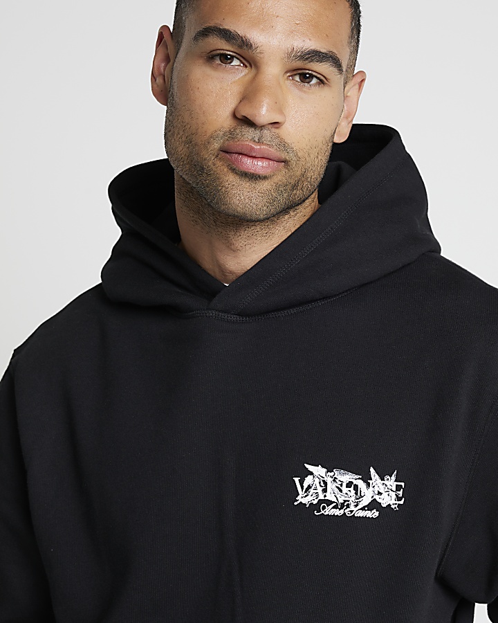 Black regular fit graphic hoodie