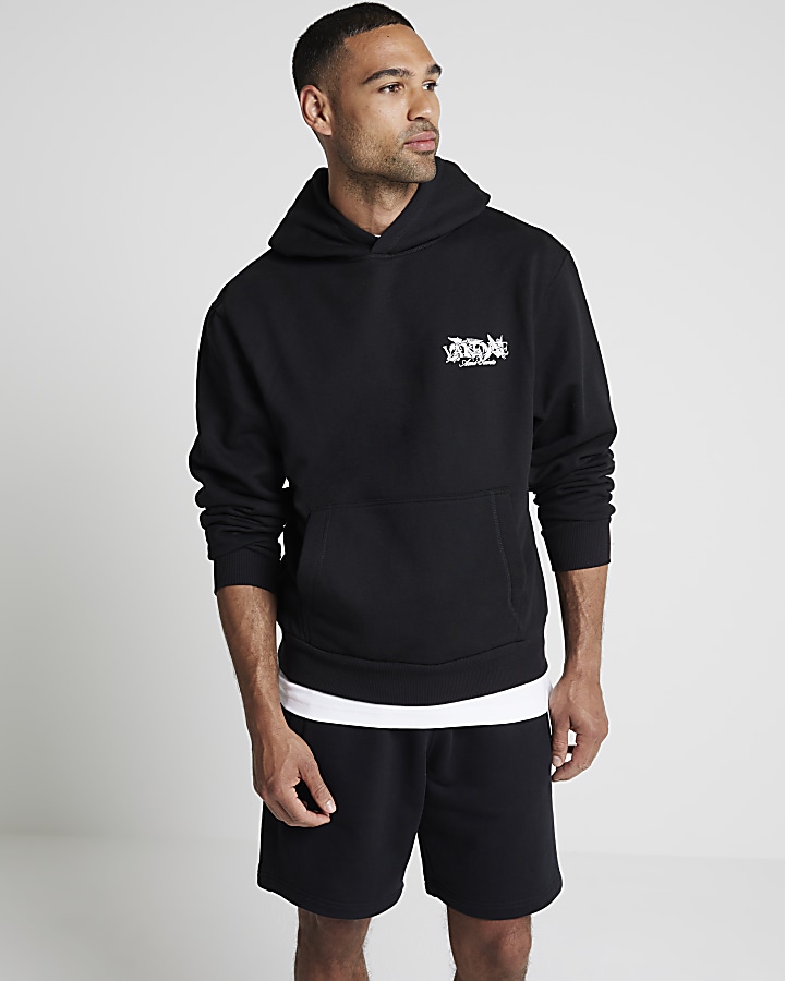 Black regular fit graphic hoodie