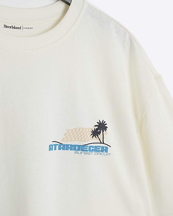 Beige oversized fit sunset graphic t-shirt