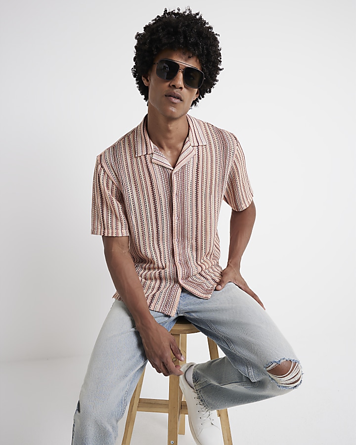 Pink regular fit crochet stripe revere shirt