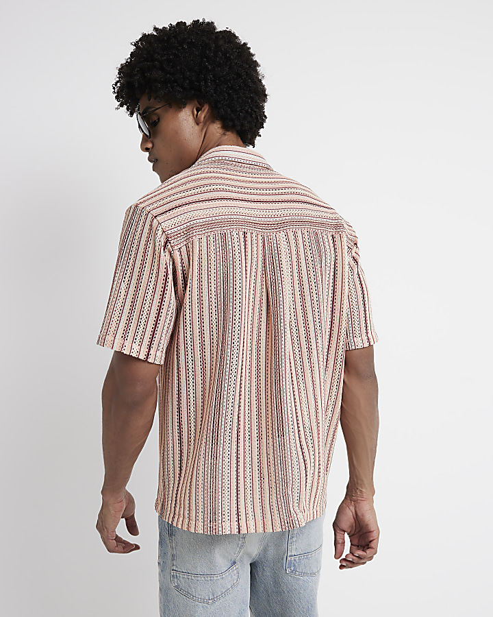 Pink regular fit crochet stripe revere shirt