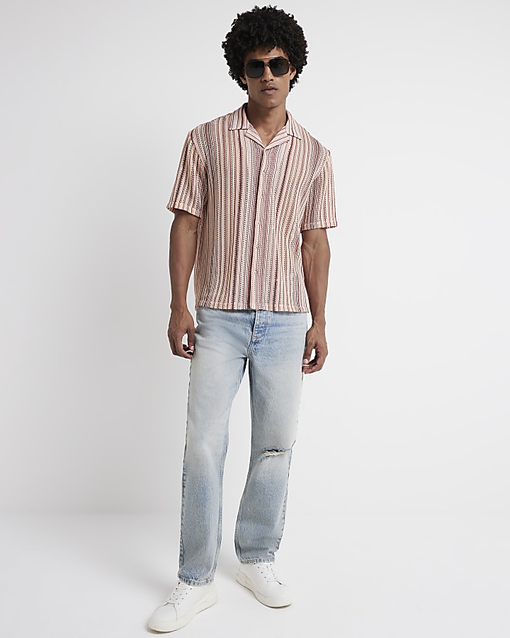 Pink regular fit crochet stripe revere shirt