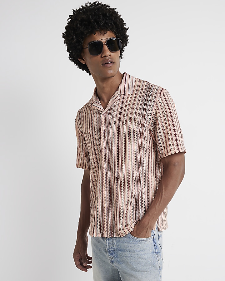 Pink regular fit crochet stripe revere shirt