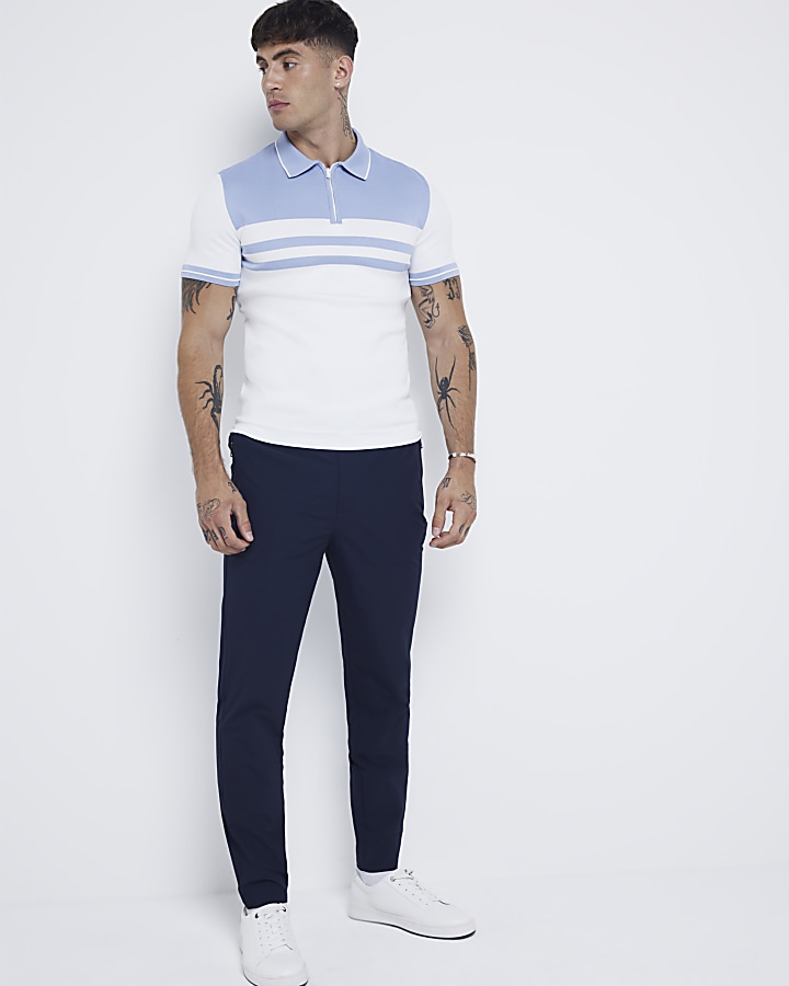 White muscle fit colour block knit polo shirt | River Island